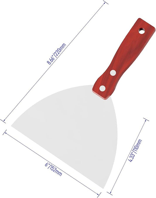 Putty Knife, 6 Inch Stainless Steel Scraper Tool, Wooden Handle Metal Spackle Knives for Drywall, Decals, Wall Paper, Floor Tile, Patching, Painting, Taping, Scraping Coating