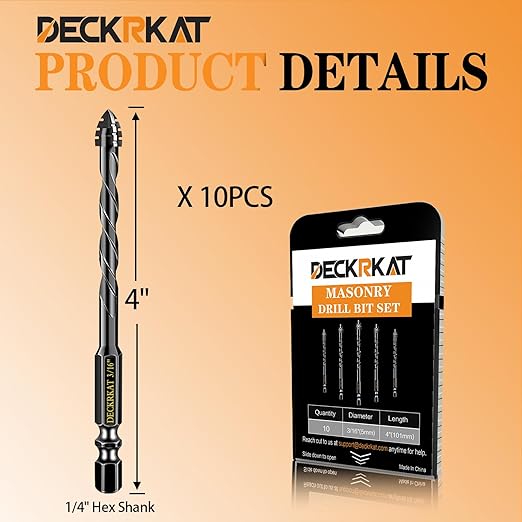 DECKRKAT Upgraded 10-Pack 3/16 Inch Black 4-Flute Serrated Masonry Drill Bits - Concrete, Tile, Glass, Brick, Ceramic, Plastic, Wood