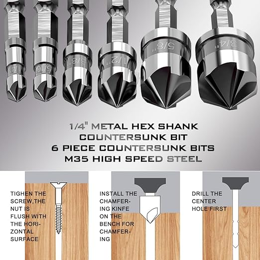 M35 Cobalt Countersink Drill Bit Pro-Grade 6pc Cobalt Countersink Bits Set | 5-Flute Design for Metal/Wood/Stainless Steel/Carbon Steel | Auto Repair & Marine Use | 1/4 Inch Quick Change Hex Shank