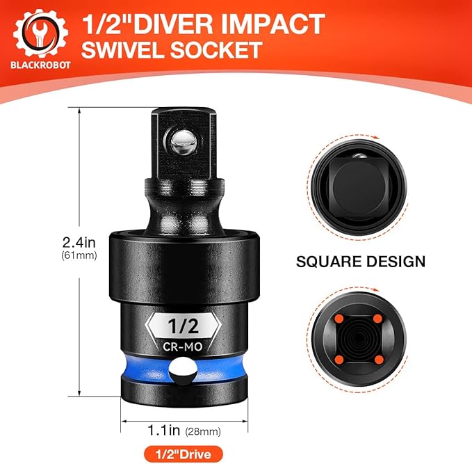 BLACKROBOT 1/2" Drive Impact Universal Joint Set, CR-MO Swivel Socket Adapter for Automotive Repair & Heavy-Duty Home DIY, Flexibly Reach Tight-Angle Fasteners