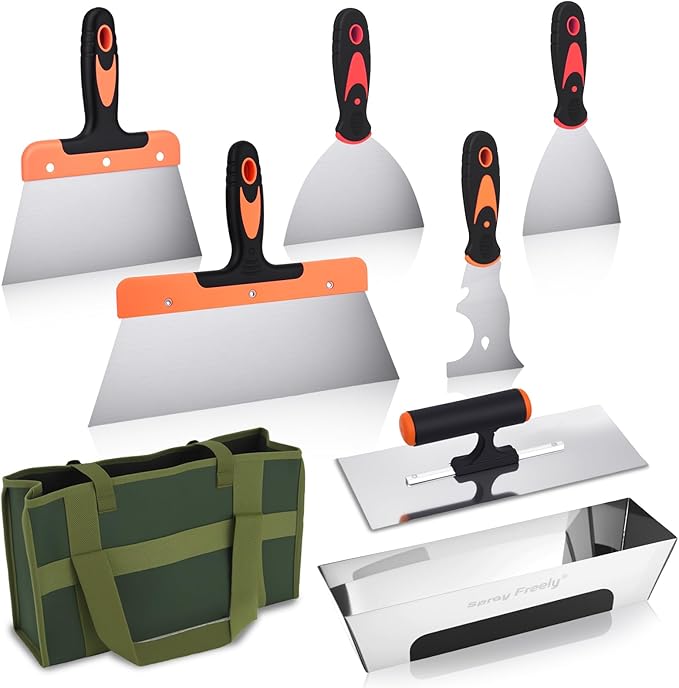 Drywall Knives Set, Paint Spatula with Bag and Plastic Handle, Rustproof Putty Spatula, Stainless Steel Putty Knife for Scraping Wallpaper and Drywall (8Pcs)