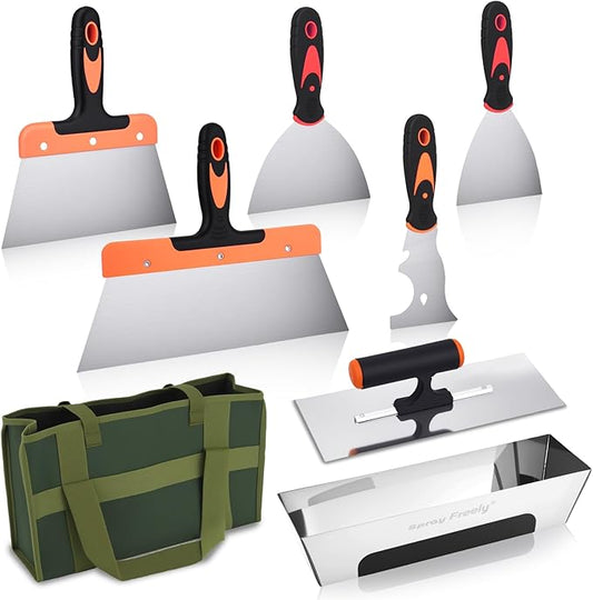 Drywall Knives Set, Paint Spatula with Bag and Plastic Handle, Rustproof Putty Spatula, Stainless Steel Putty Knife for Scraping Wallpaper and Drywall (8Pcs)