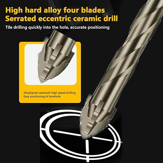 5 Piece Set of Four Flute Drill Bits High Hardness Eccentric Twist Drill Bits Set for Concrete Masonry Wood Stone Glass Ceramic Bricks Metal Plastic Sizes6/6/8/10/12