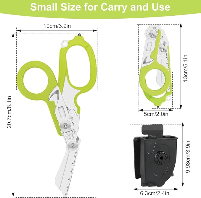 Heavy Duty 6-in-1 Emergency Trauma Shears with Carbide Glass Breaker & Ring Cutter Foldable Stainless Steel Multi-Purpose Scissors for First Responders, Hospital, Home, Camping, Travel Rescue (Green)
