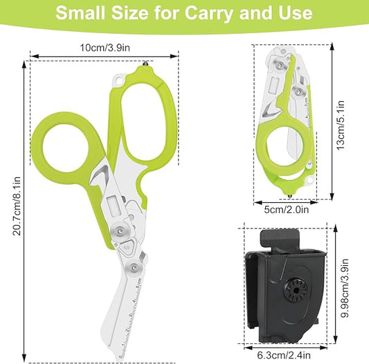 Heavy Duty 6-in-1 Emergency Trauma Shears with Carbide Glass Breaker & Ring Cutter Foldable Stainless Steel Multi-Purpose Scissors for First Responders, Hospital, Home, Camping, Travel Rescue (Green)