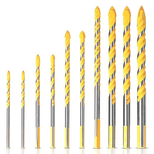 Baker and Bolt 10 Pcs 3"-6" Masonry Drill Bit Set for Ceramic Tiles High-Speed Steel Drill Bits Set Titanium Coated Pack with Storage Sleeve (1/8"-1/2")