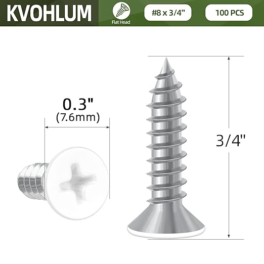 100 PCS #8 x 3/4" White Head Sheet Metal Screws, Flat Head Phillips Fast Self Tapping Screws, Countersunk Head Wood Screws, Screwdriver Bit Included