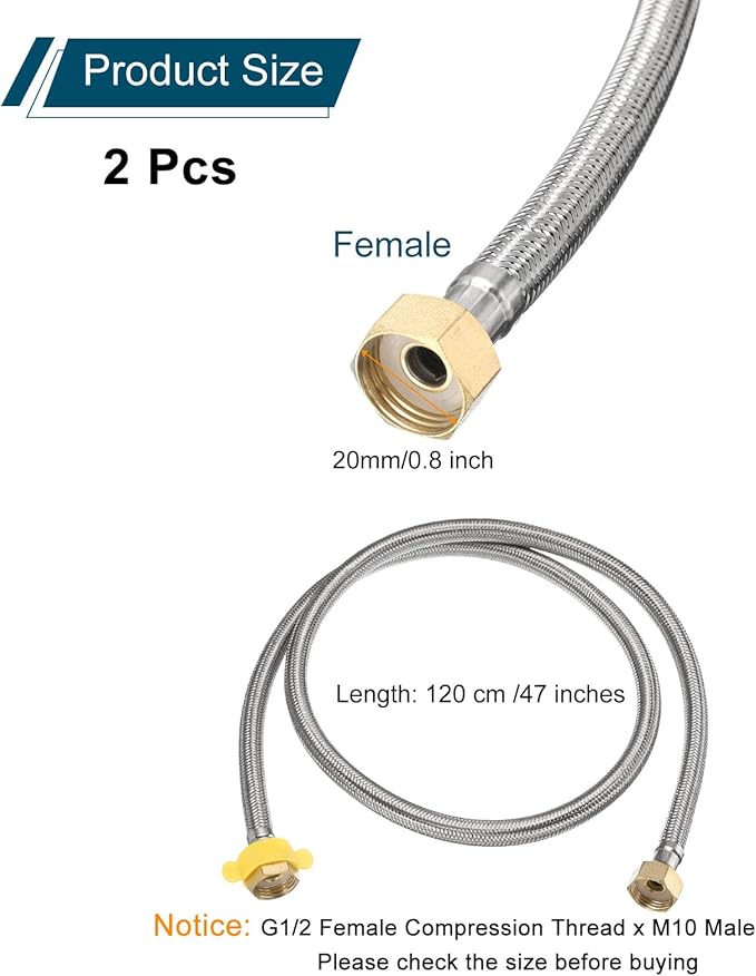 uxcell 2Pcs 47" Faucet Supply Lines Connector Stainless Steel Braided Long Faucet Connector G1/2 Female Compression Thread x G1/2 Female Straight Thread for Kitchen Sink Bathroom (Silver)