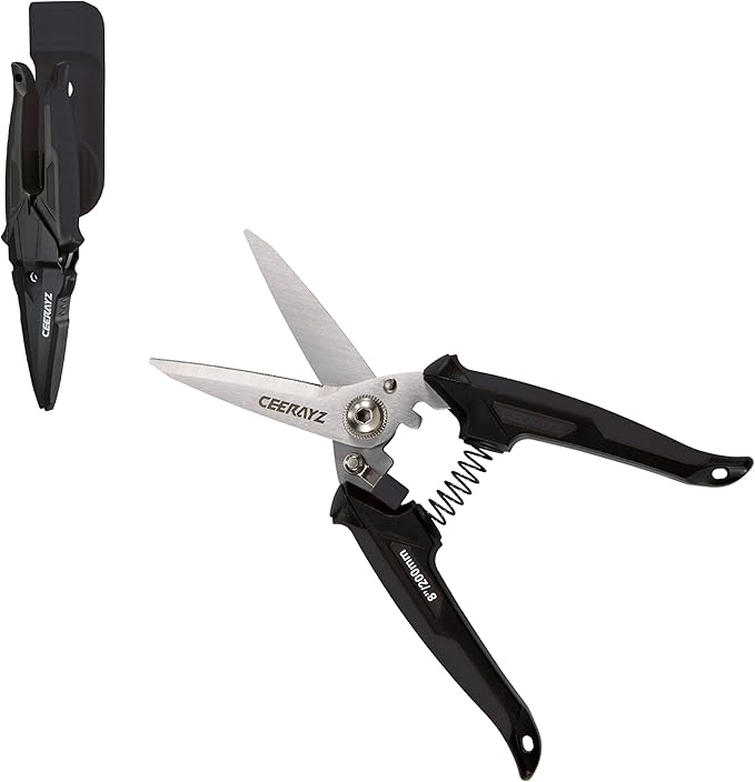 8" Scissors All Purpose, Heavy Duty, Multipurpose, for DIY Projects, Office, Production Lines, Pruning, with Protective Sheath and Magnetic Holder (Black)