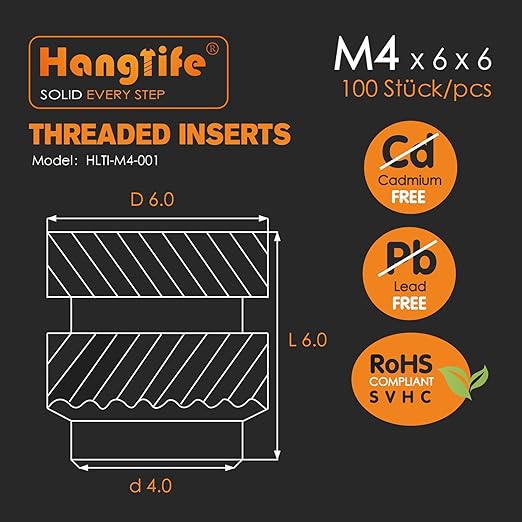 HANGLIFE Heat-Set Threaded Inserts, M4 Heat Set Insert for 3D Printing Components and Plastic Parts - Brass Metric Knurled Nuts (100 Pieces)
