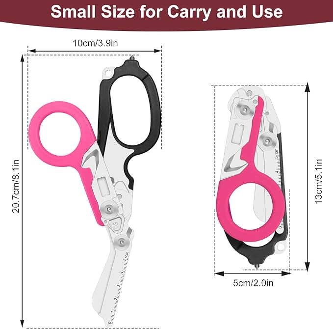 6 in 1 Multifunctional Combination Tool, Folding Retractable Emergency Shears, Outdoor Camping Tools, Seat Belt Cutter, Oxygen Cylinder Wrench, Complimentary Adjustable Wrench (Black Pink)