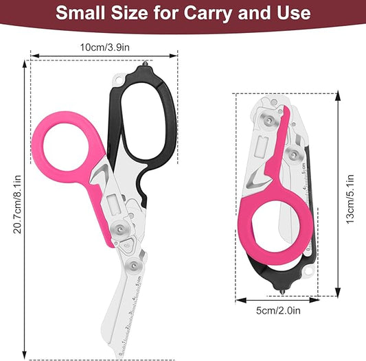 6 in 1 Multifunctional Combination Tool, Folding Retractable Emergency Shears, Outdoor Camping Tools, Seat Belt Cutter, Oxygen Cylinder Wrench, Complimentary Adjustable Wrench (Black Pink)