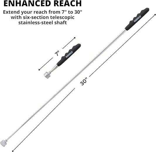 NEIKO 25 Lb Telescoping Magnetic Pickup Tool, 30" Extendable, Silver Stainless Steel, Cylindrical, 1" Head, 25 Lb Pull Force