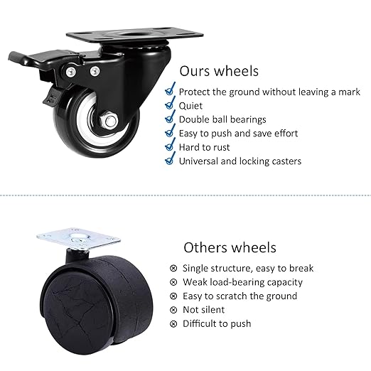 Casters, 2" Caster Wheels竊똂asters Set of 4 Heavy Duty - ASRINIEY Black Polyurethane Castors, Top Plate Swivel Wheels, 4-Pack Industrial Casters with Brake, Locking Casters for Furniture and Workbench