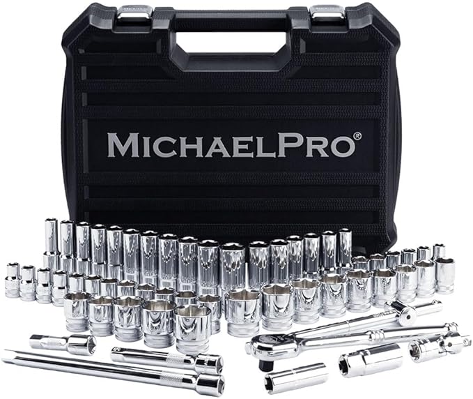 MichaelPro 57-Piece 1/2'' Drive Socket Set, 90-Tooth Standard & Deep Sockets, SAE 3/8''- 1-1/4'' & Metric 10-32mm, with Extension Bars, Sliding T-Bar, Universal Joint ??CR-V Steel | MP005061