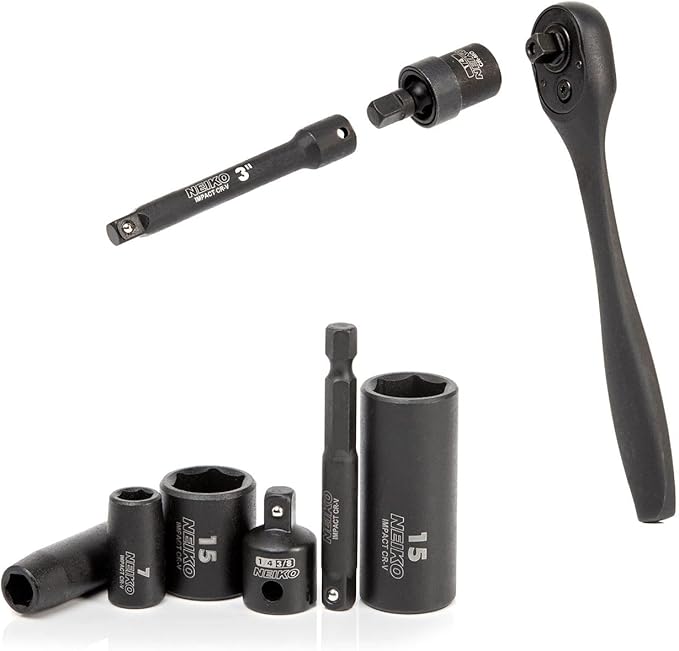 NEIKO 02437A 1/4 Drive Impact Socket Set 54 Piece Metric & Standard, Deep & Shallow Chrome Vanadium Steel 3/8??to 1/4??Reducer Hex Shank Adapter, Metric and Standard, Deep Socket Set