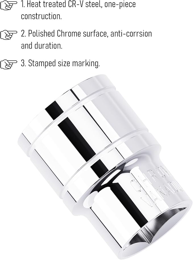 21mm Shallow Socket, 1/2 Inch Drive, 6-Point, Metric, Heat Treated CR-V Steel Short Sockets, Full Polishing, 1.5 Inch Length