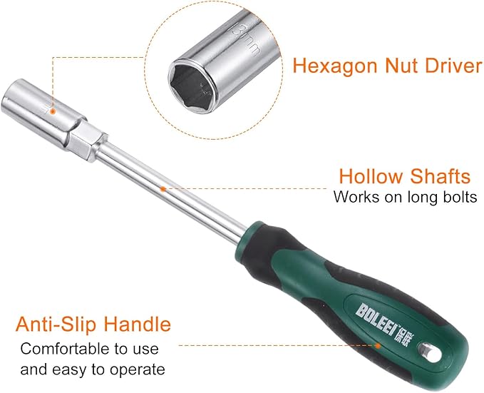 HARFINGTON Metric Nut Driver 13mm CR-V Non-Magnetic Tip Hollow Shafts Hex Socket Screwdriver with Non-Slip Handle for Automobile Repair