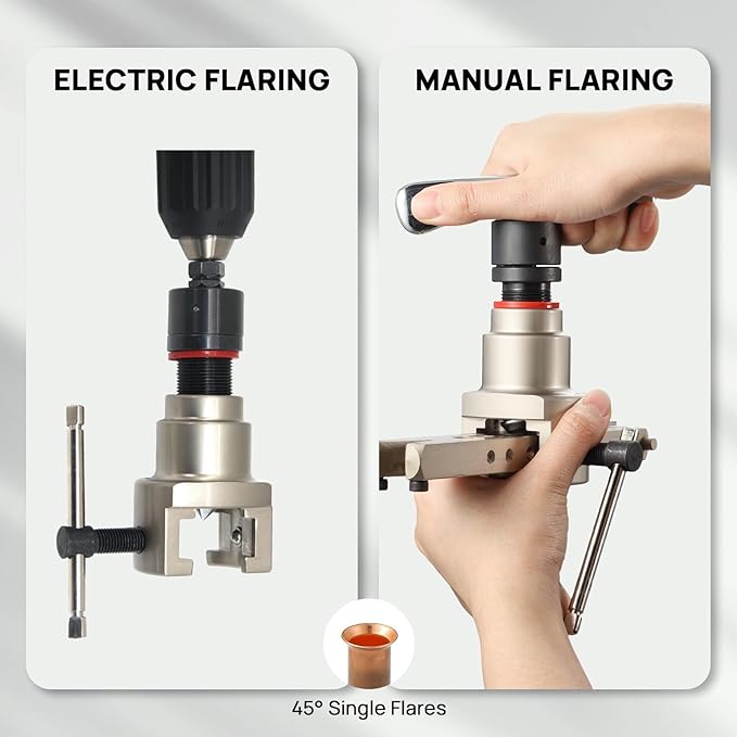 TURBRO HVAC Flaring Tool for 1/4?쇺?to 3/4?쇺?Pipes, Electric and Manual Flaring Tool, Compatible with Drills, Eccentric Cone Type for 45 Degree Single Flares, for Copper and Aluminum Pipes