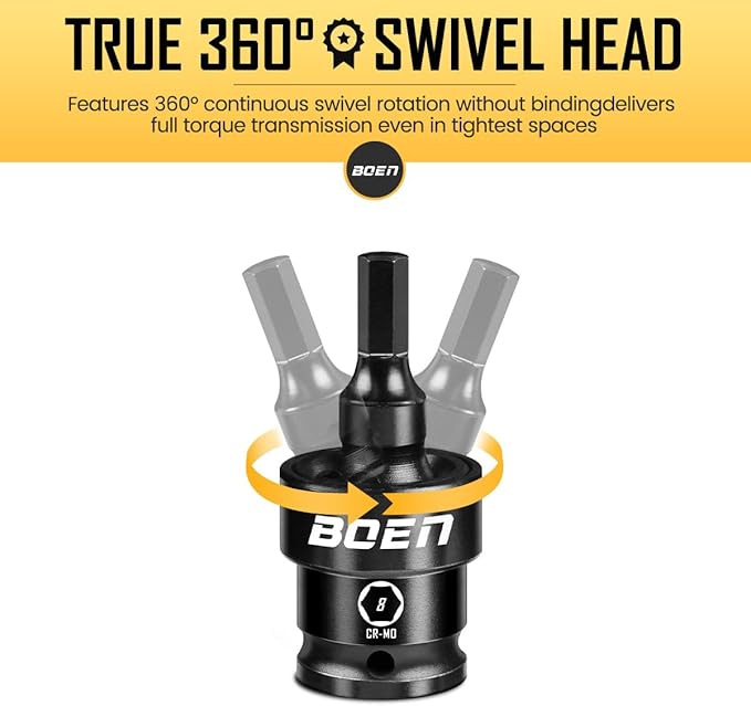 BOEN 8-Pieces Universal Hex Bit Driver Impact Socket, 1/2" Drive Metric Size (6, 7, 8, 10, 12, 14, 17, 19mm) With Socket Rail, CR-MO Steel