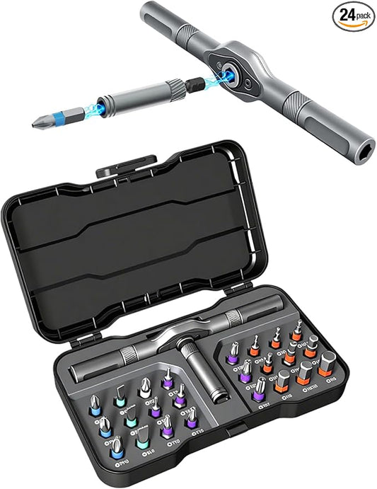 24 in 1 Magnetic Screwdriver Set, DIY ratchet screwdriver set,Multi-Bit Magnetic Ratcheting Screwdriver Set with Storage Case,Portable Compact Repair Tool Kit for Bike, Furniture,Computer,Electronic.