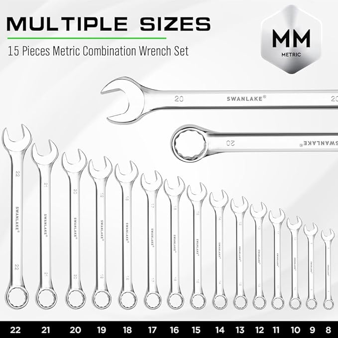 SWANLAKE GARDEN TOOLS 15-Piece Metric Wrench Sets, V Notch Premium Combination Wrench Set Metric 8-22mm, Max Torque, 12-Point, Chrome Vanadium Steel, with Storage Rack
