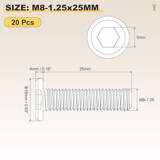 METALLIXITY Flat Head Hex Socket Cap Screws Bolts(M8-1.25x25) 20Pcs, Steel Hex Socket Furniture Bolts Screws - for Furniture Woodworking Project, Black