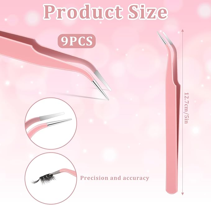 9 Pcs Precision Tweezers, Stainless Steel Craft Tweezers for Crafting, Curved Tweezer Multipurpose Pointed Long Tweezer for Crafting DIY Bead Jewelry Making, Scrapbooking, Crafts, Nail Art (Pink)