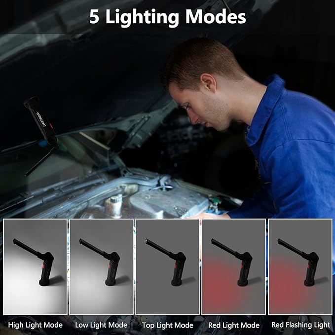 Working Light Portable, Rechargeable Work Lights with Magnetic Base Hanging Hook,360째 Rotate 5 Modes,COB LED 800 Lumens Foldable Inspection Light for Car Repair, Grill and Outdoor Use(2pack)