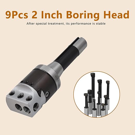 Kimllier 2 Inch Boring Head R8 1/2 Inch Shank Boring Bar Set 9Pcs Carbide Tipped Bars Lathe Tool Fit for Milling Machine