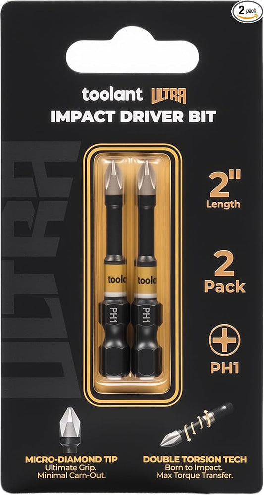 toolant 2 Inch Phillips Bit#1, Magnetic Anti Slip Impact Screwdriver Bits Set, 2pcs Impact Steel X2 PH1 Driver Dit Set with CNC Machined Tips for Impact Driver