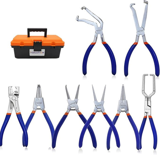 8-Piece Hose Clamp, Fuel Line, Electrical Disconnect Snap Ring Pliers Kit with Internal External Circlip Pliers, C Clip, Lock Ring Tools, Heavy Duty 45Steel, Ergonomic Non-Slip Handles
