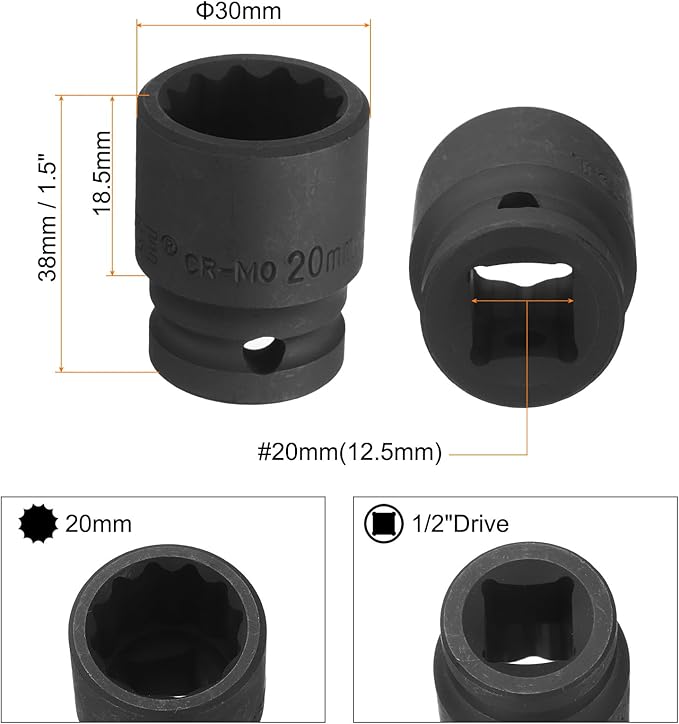 uxcell 1/2" Drive x 20mm Shallow Impact Socket 12-Point Metric CR-MO Steel Nut Impact Grade Socket for Auto Repair