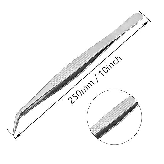 10 Inch Bent Tip Long Forceps Tweezers, Serrated Flat Tips Precision Curved Surgical Tongs Jewelers Needle Metal Sewing Sharp Kitchen Cooking Tweezers With Teeth Knurled Handles (1PCS-250mm)