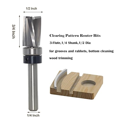 Spiral Flush Trim Router Bit 1/4 Shank, Carbide Head 3-Flute, 1/2" Diameter, 3/4" Cutting Length, Pattern Template Flush Trim Router Bit, for Grooves, Bottom Cleaning, Wood Trimming