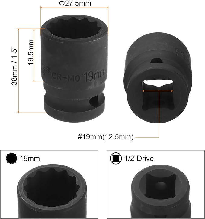 uxcell 1/2" Drive x 19mm Shallow Impact Socket 12-Point Metric CR-MO Steel Nut Impact Grade Socket for Auto Repair
