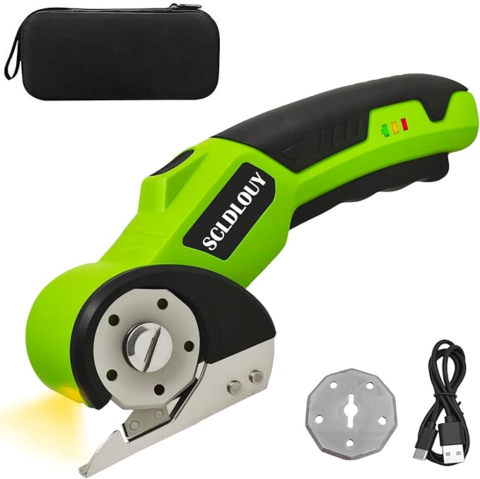 High-Speed Cardboard Cutter, Cordless Rechargeable Electric Scissors with Safety Lock and LED Light, Rotating Blade for Cardboard Fabric Carpet (Green)