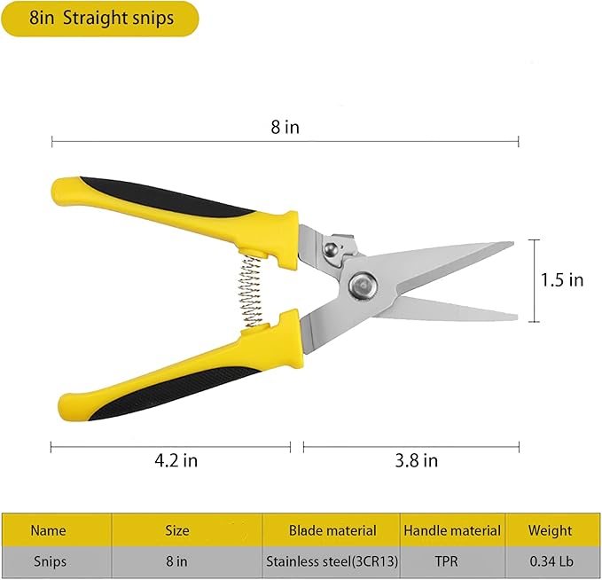 Aviation Tin Snips 8 Inch Heavy Duty Metal Cutter, Straight Shears with Stainless Steel Blade & Comfort Grips, Multifunction Cutting of Branches, Cable Wires, Thin Iron, Cardboard(Right Hand)