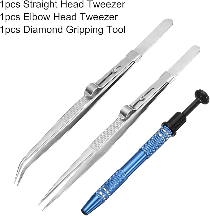 HARFINGTON 3pcs Diamond Tweezer Holder Pick Up Tool Set Stainless Steel 4 Claw Holder Straight/Elbow Head Jewelry Locking Tweezer for Tiny Objects Electronic Components, Silver/Blue