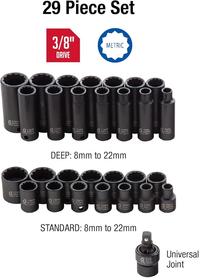 SUNEX TOOLS 3330, 3/8 Inch Drive Master Impact Socket Set, 12-Point, 29-Piece, Metric, 8mm-22mm, Standard/Deep, Cr-Mo Steel, Heavy Duty Storage Case, Includes Universal Joint