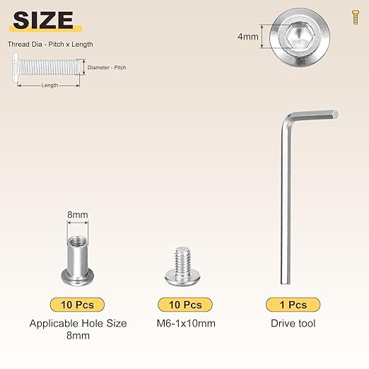 METALLIXITY Furniture Crib Screws Replacement Set with Wrench(M6-1x10mm) 20Pcs, Connector Bolts M6 Screw Barrel Nuts Binding Screws, for Chair Cabinet Bed, Silver