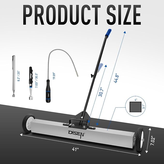 DISEN 36-Inch Rolling Magnetic Sweeper with Wheels 40-Inch Telescoping Adjustable Handle 55-Pound Capacity with 3 Pack Telescoping Magnet Pick-up Tool Set Heavy-Duty Magnet to Pick Up Nails