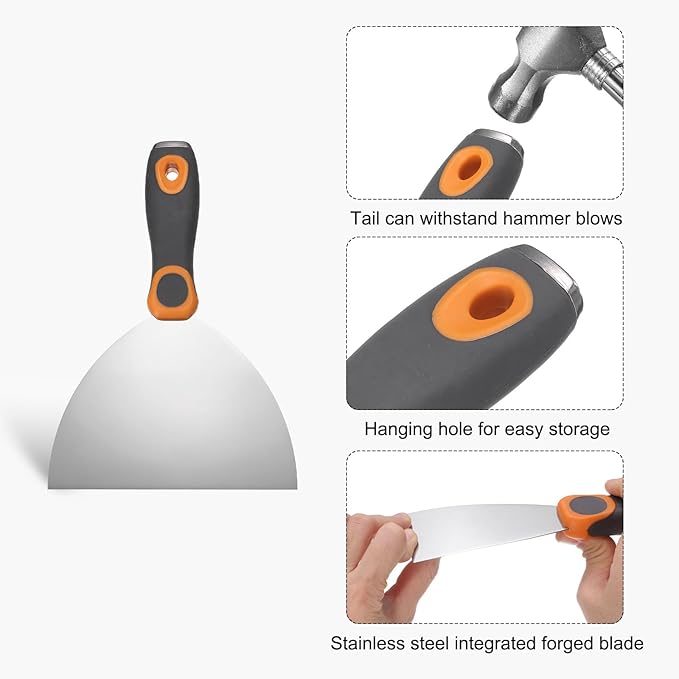 uxcell Putty Knife 6" Stainless Steel Paint Scraper Flexible Drywall Repair Mud Knife for Removing Cement Wallpaper Mud Adhesive Taping with Metal Hammer End