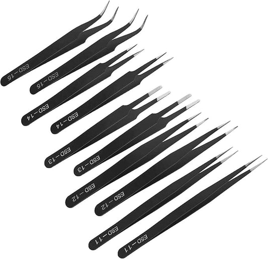 10PCS Precision Tweezers Set Anti-Static Industrial Tweezers Set Stainless Steel Tweezers Kit for Electronics Lab Jewelry and Craft Making（Black）