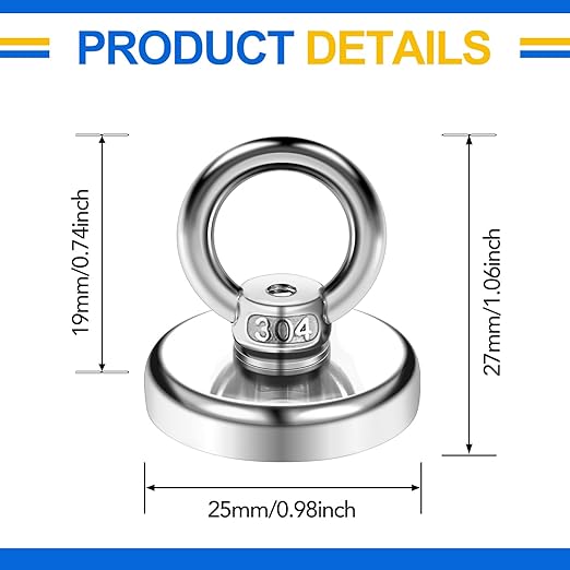 Magnetic Hooks 60 lbs(27 KG) Pulling Force Rare Earth Magnetic Hooks with Countersunk Hole Eyebolt for Home, Kitchen, Workplace, Office and Garage, 10 Packs