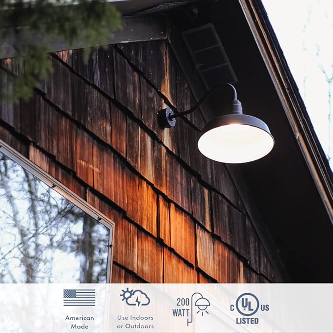 Steel Lighting Co. | Dusk to Dawn | Gardena Barn Light | Outdoor Wall Mounted | 16" Dome | 11" Gooseneck | Farmhouse Light Made in America | Dark Bronze Exterior/White Interior