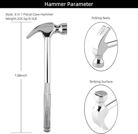 6-in-1 mini multifunctional metal hammer and screwdriver hand tool for opening walnuts, including cross and flat screwdrivers, home repair tools, and camping hammer set (Silver)
