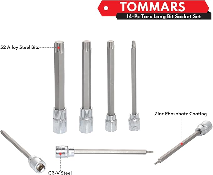 TOMMARS 14-PC Long Torx Bit Socket Set, S2 Alloy Steel Star Socket Set T10-T70