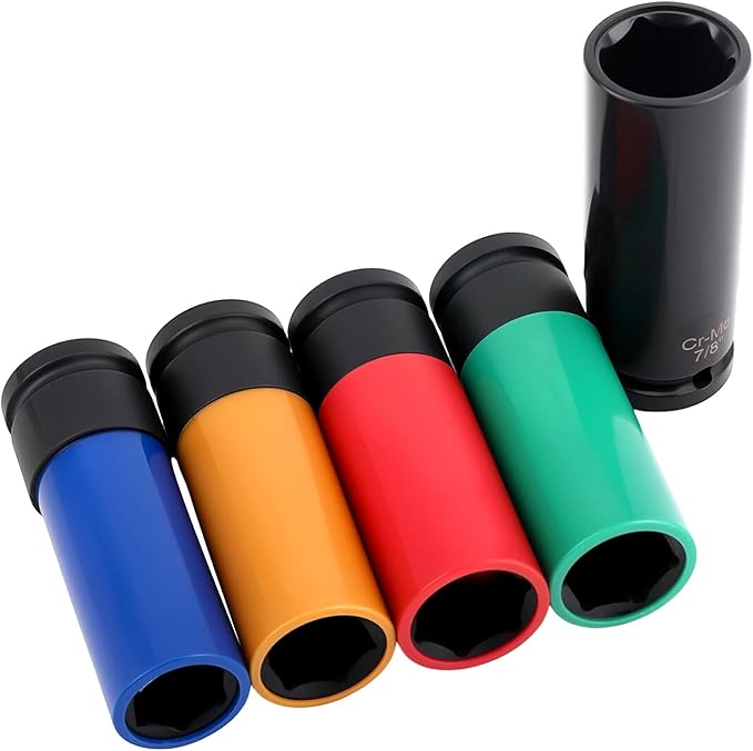 KEILEOHO 5 Pcs 1/2-Inch Drive Wheel Protector Impact Socket, 6 Point, Metric,15mm 17mm 19mm 21mm 22mm, Color-Coded, Thin Wall Deep Impact Socket Set for Protector Tire & Wheel Protection