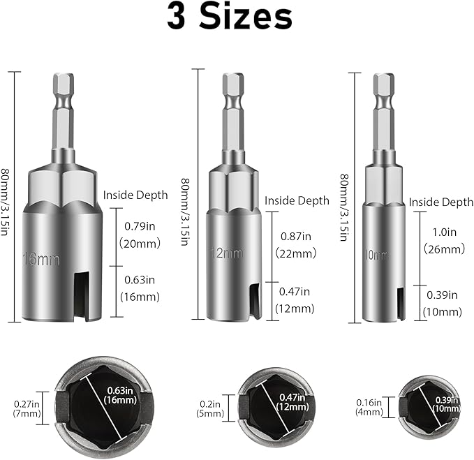 SUNJOYCO 3 PCS Power Wing Nut Driver Bit Set, CR-V Steel Wingnut Socket Bits, Eye Hook Drill Bit, Eye Bolt Drivers, 1/4 Inch Hex Shank Nut Driver for Wingnut, Screw Hook, Wire Twisting, 10mm 12mm 16mm